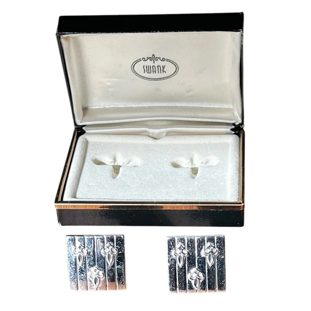 Vintage Swank Silver-Tone Fleur-De-Lis Cufflinks With Original Box
